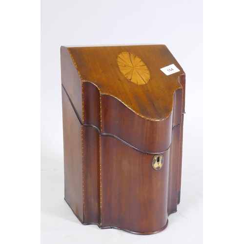 164 - A George III mahogany knife box, with shell inlaid decoration and shaped front, 23 x 23 x 34cm