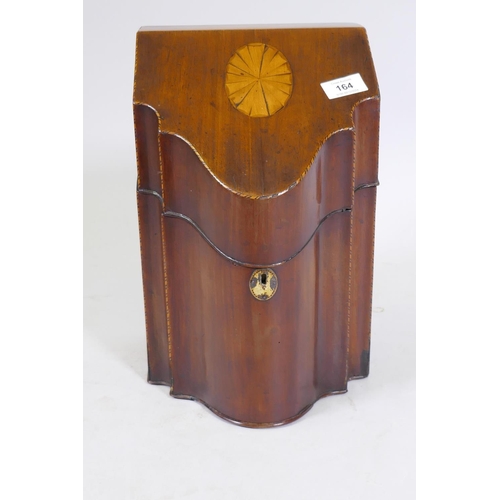 164 - A George III mahogany knife box, with shell inlaid decoration and shaped front, 23 x 23 x 34cm