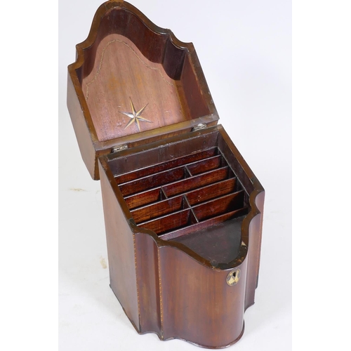 164 - A George III mahogany knife box, with shell inlaid decoration and shaped front, 23 x 23 x 34cm