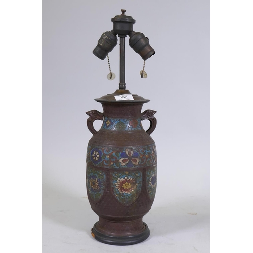 167 - A Chinese cloisonne table lamp mounted on a wood base, 51cm high