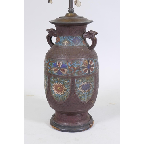 167 - A Chinese cloisonne table lamp mounted on a wood base, 51cm high