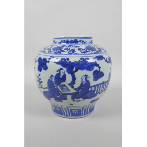 178 - A Chinese blue and white porcelain vase decorated with figures playing go, Jiajing 6 character mark ... 