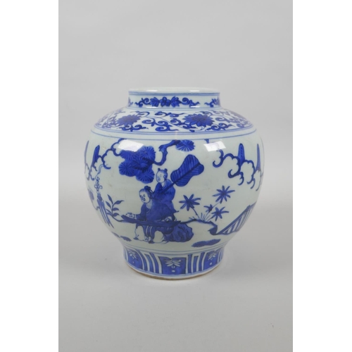 178 - A Chinese blue and white porcelain vase decorated with figures playing go, Jiajing 6 character mark ... 