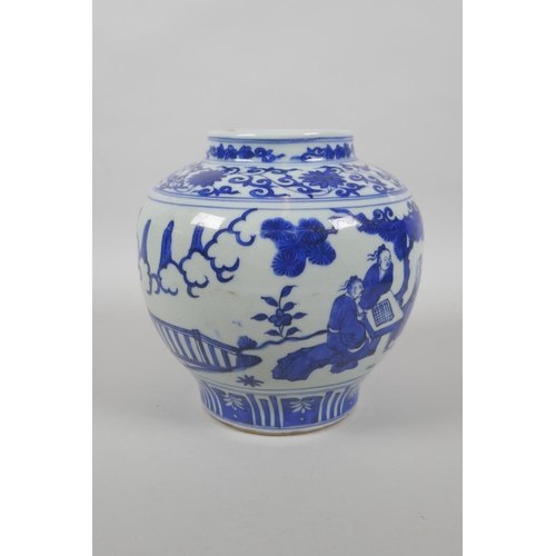 178 - A Chinese blue and white porcelain vase decorated with figures playing go, Jiajing 6 character mark ... 