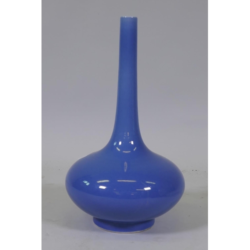 18 - A Chinese long neck porcelain vase with blue glaze and 6 character mark to base, 40cm high