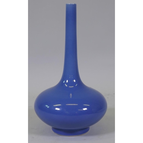 18 - A Chinese long neck porcelain vase with blue glaze and 6 character mark to base, 40cm high