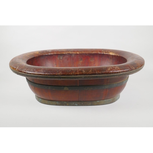 186 - A Chinese brass bound elm baby bath, 54 x 43cm