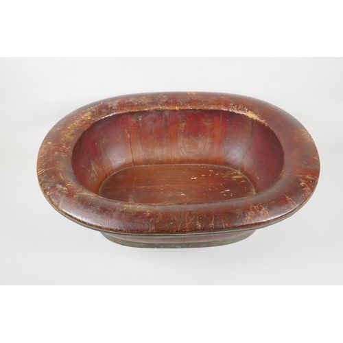 186 - A Chinese brass bound elm baby bath, 54 x 43cm