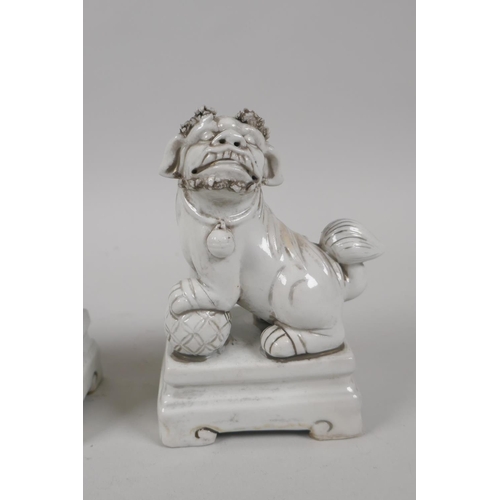 190 - A pair of Chinese blanc de chine porcelain incense stick holders in the form of fo-dogs, 13cm high