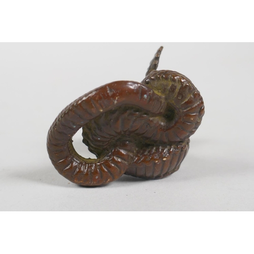 191 - A Japanese style bronze okimono cobra, 4cm high