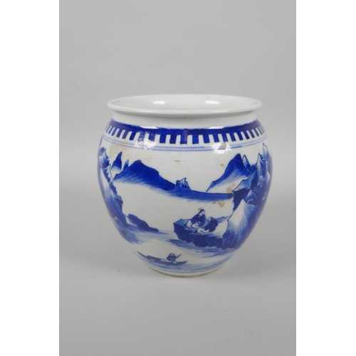 195 - A Chinese blue and white porcelain pot decorated with figures in a riverside landscape, KangXi 6 cha... 