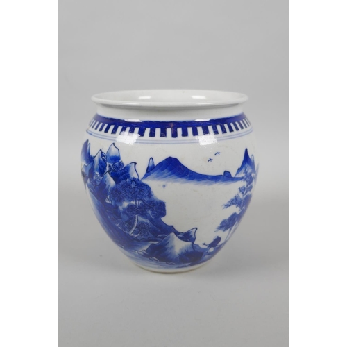 195 - A Chinese blue and white porcelain pot decorated with figures in a riverside landscape, KangXi 6 cha... 