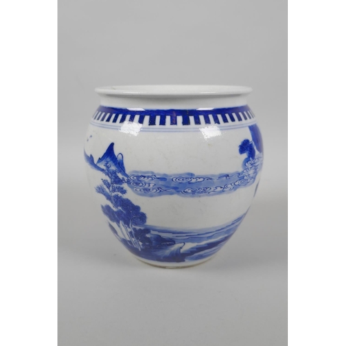 195 - A Chinese blue and white porcelain pot decorated with figures in a riverside landscape, KangXi 6 cha... 