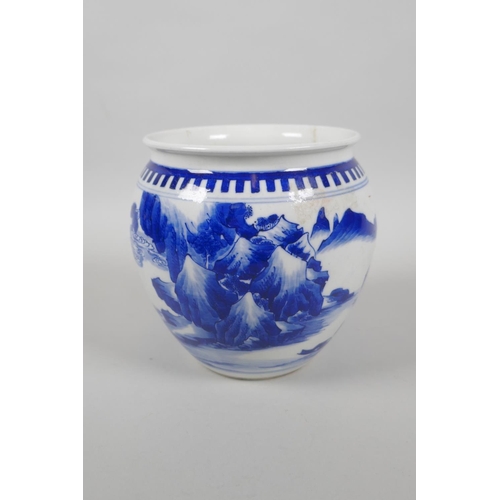 195 - A Chinese blue and white porcelain pot decorated with figures in a riverside landscape, KangXi 6 cha... 