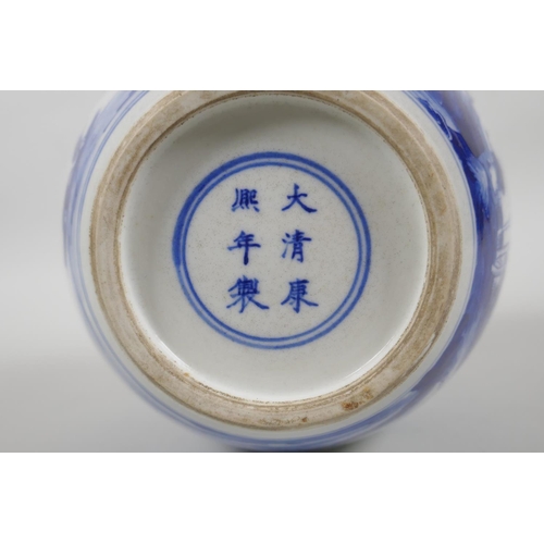 195 - A Chinese blue and white porcelain pot decorated with figures in a riverside landscape, KangXi 6 cha... 