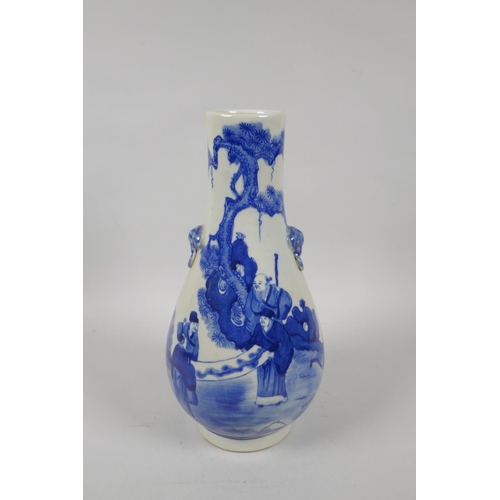 196 - A Chinese blue and white porcelain vase with two mask handles, decorated with figures in a landscape... 