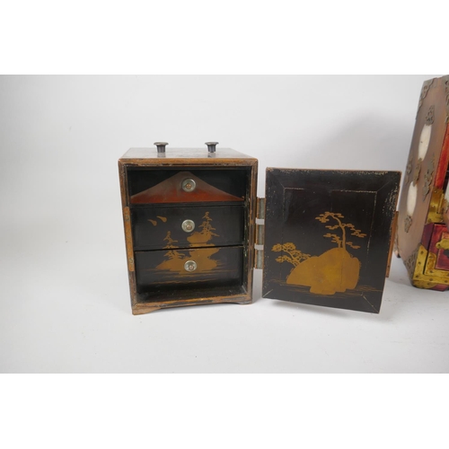 204 - An antique Japanese lacquer jewellery box with copper mounts and three hidden drawers, decorated wit... 