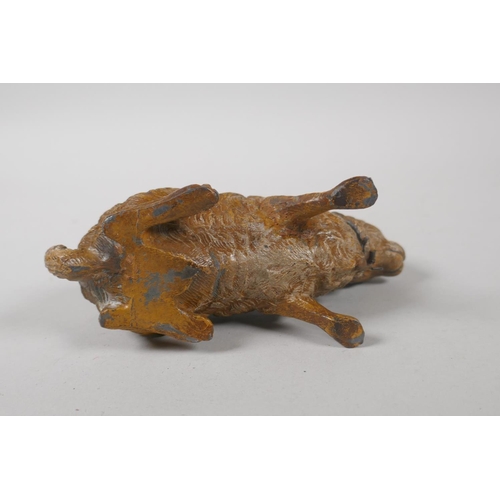 209 - An antique cold painted spelter money box in the form of a hare, 13cm long