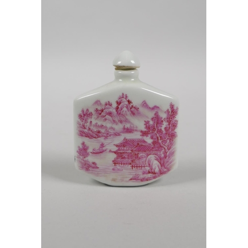 221 - A Chinese porcelain snuff bottle with puce enamel riverside landscape decoration, 4 character mark t... 