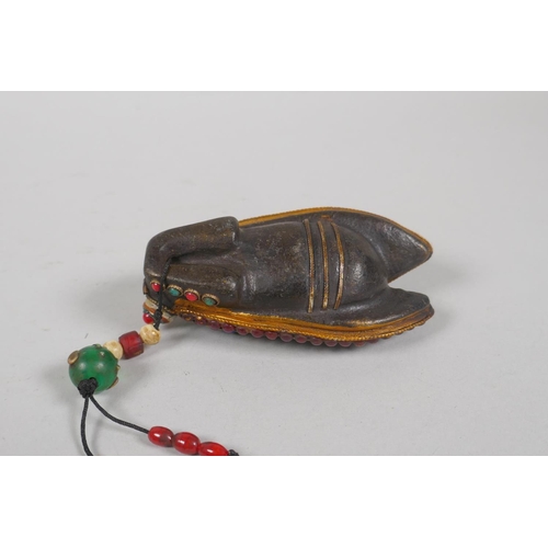 223 - A Tibetan abalone, jade, coral and gemstone encrusted cast iron toggle, in the form of a cicada, 9cm... 