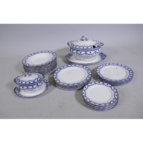 244 - A Furnivals flow blue Chippendale part dinner service, comprising twelve bowls, five dinner plates, ... 