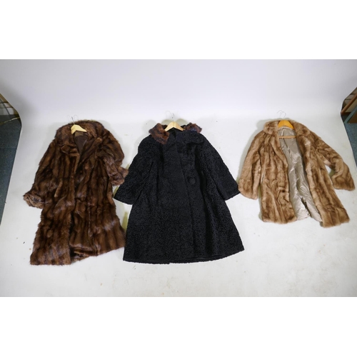 248 - A vintage lady's Astrakhan fur jacket with a mink collar, approx size 14, length 105cm, and two othe... 