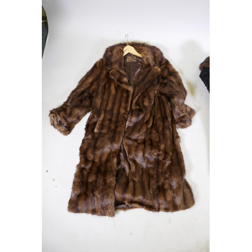 248 - A vintage lady's Astrakhan fur jacket with a mink collar, approx size 14, length 105cm, and two othe... 