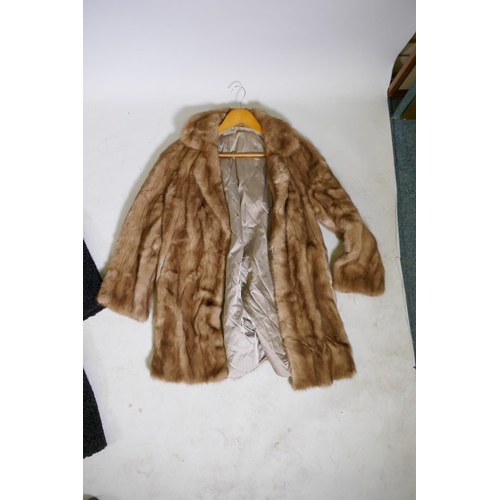 248 - A vintage lady's Astrakhan fur jacket with a mink collar, approx size 14, length 105cm, and two othe... 