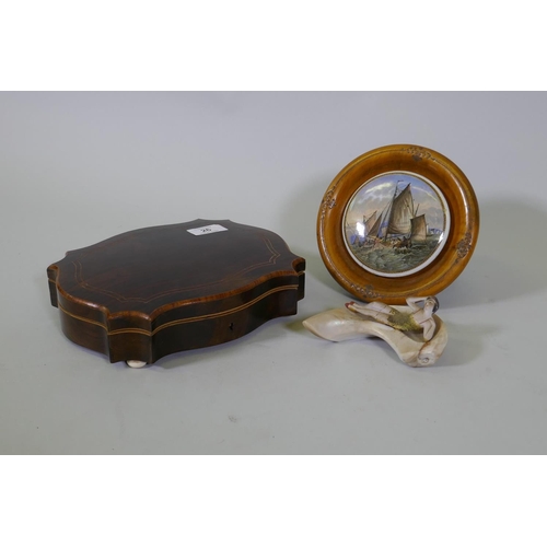 26 - A rosewood shaped top etui/jewellery box, 24 x 19 x 7cm, a framed ceramic pot lid, and shell with bi... 