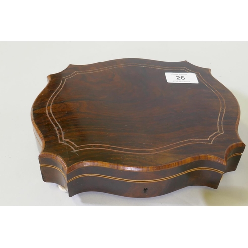 26 - A rosewood shaped top etui/jewellery box, 24 x 19 x 7cm, a framed ceramic pot lid, and shell with bi... 