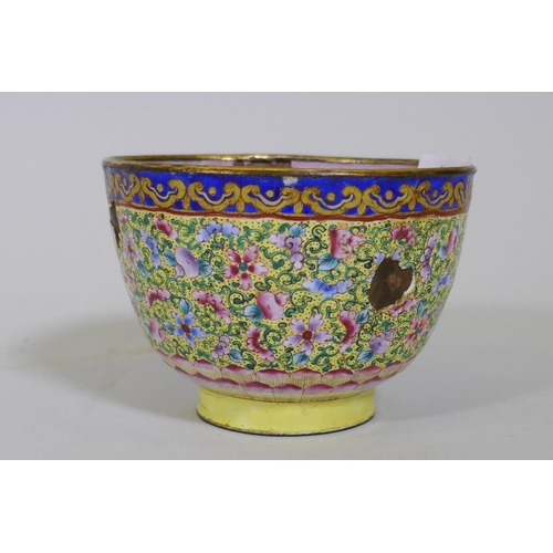 29 - Chinese Peking/Canton enamelled metal bowl with floral decoration on a yellow ground, AF losses, 9cm... 