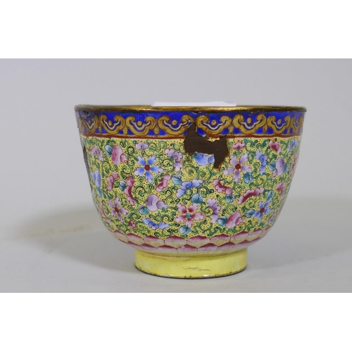 29 - Chinese Peking/Canton enamelled metal bowl with floral decoration on a yellow ground, AF losses, 9cm... 