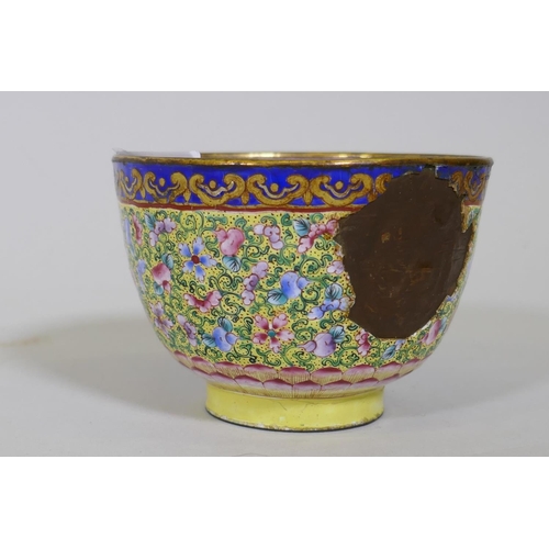 29 - Chinese Peking/Canton enamelled metal bowl with floral decoration on a yellow ground, AF losses, 9cm... 