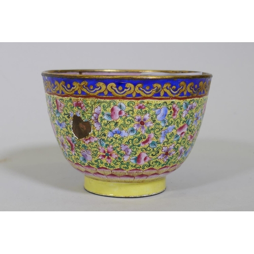 29 - Chinese Peking/Canton enamelled metal bowl with floral decoration on a yellow ground, AF losses, 9cm... 