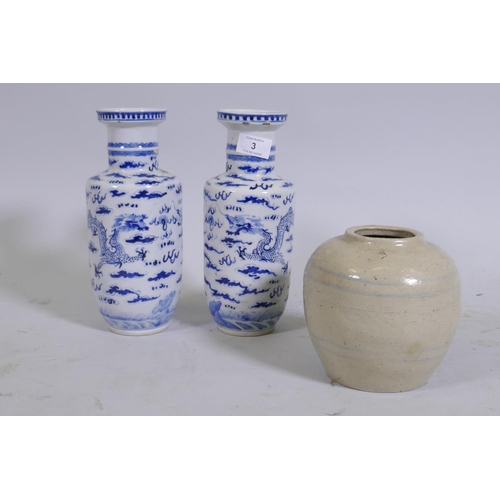 3 - A pair of Chinese blue and white dragon vases, four character mark to base, late C19th, 26cm high, a... 