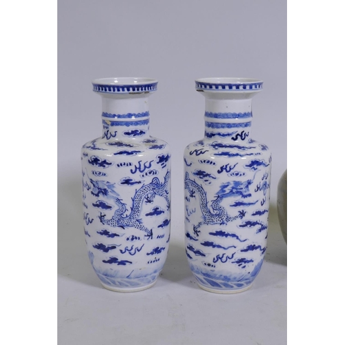 3 - A pair of Chinese blue and white dragon vases, four character mark to base, late C19th, 26cm high, a... 