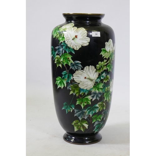 30 - A large Ginbari cloisonne vase with floral decoration on a black ground, maker's mark impressed to b... 