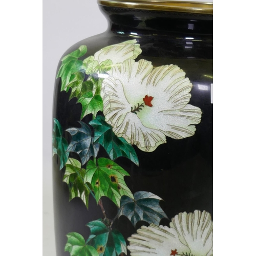 30 - A large Ginbari cloisonne vase with floral decoration on a black ground, maker's mark impressed to b... 