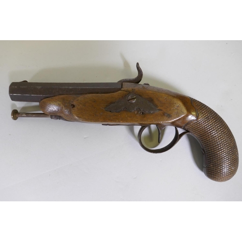 4 - C19th percussion cap pistol, 11cm octagonal barrel, with engraved decoration and chequered walnut gr... 