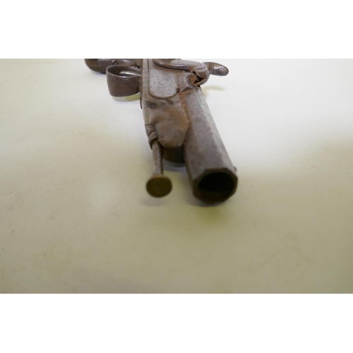 4 - C19th percussion cap pistol, 11cm octagonal barrel, with engraved decoration and chequered walnut gr... 