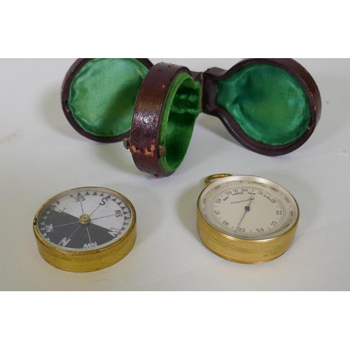 5 - A late C19th gilt brass pocket compensated aneroid barometer/compass, the barometer with rotating be... 