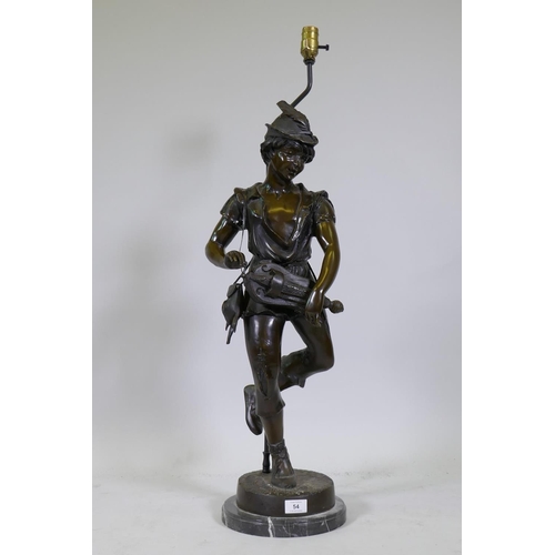 54 - After Jean Didier Debut, a bronze figure 'Joueur de Vielle', the Hurdy Gurdy Man, mounted on a marbl... 