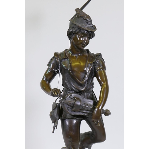 54 - After Jean Didier Debut, a bronze figure 'Joueur de Vielle', the Hurdy Gurdy Man, mounted on a marbl... 