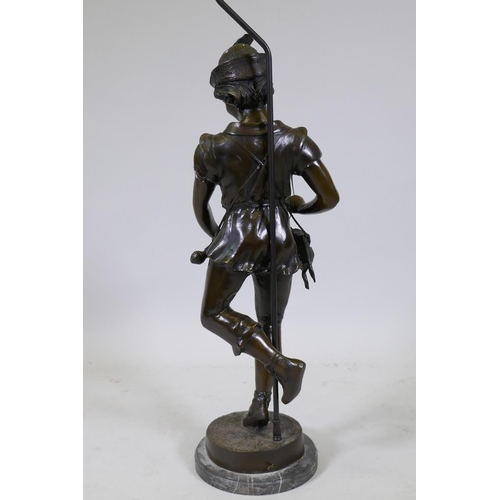 54 - After Jean Didier Debut, a bronze figure 'Joueur de Vielle', the Hurdy Gurdy Man, mounted on a marbl... 