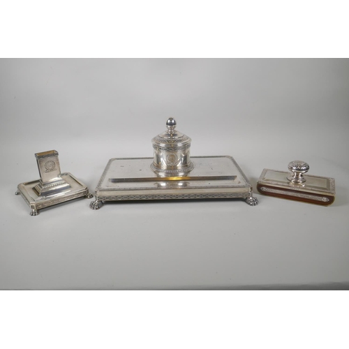 601 - An antique Swedish silver desk stand, blotter and vesta holder by W.A. Bolin of Stockholm, 1923, 176... 