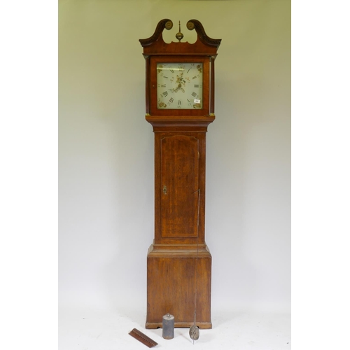 608 - A Georgian long case clock, with oak case and mahogany veneered hood, with swan pediment, carved den... 