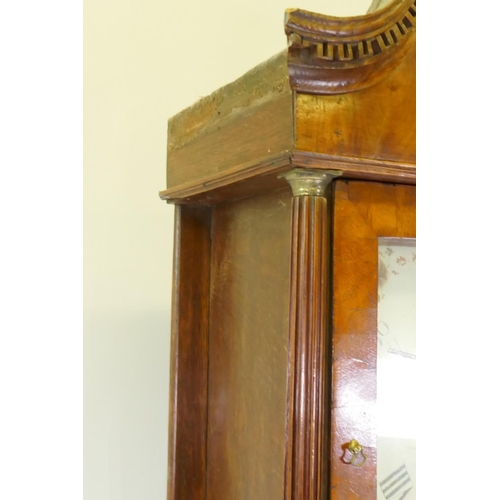 608 - A Georgian long case clock, with oak case and mahogany veneered hood, with swan pediment, carved den... 