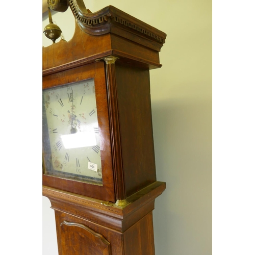 608 - A Georgian long case clock, with oak case and mahogany veneered hood, with swan pediment, carved den... 