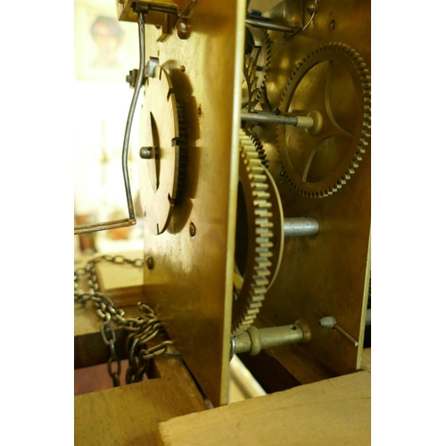 608 - A Georgian long case clock, with oak case and mahogany veneered hood, with swan pediment, carved den... 