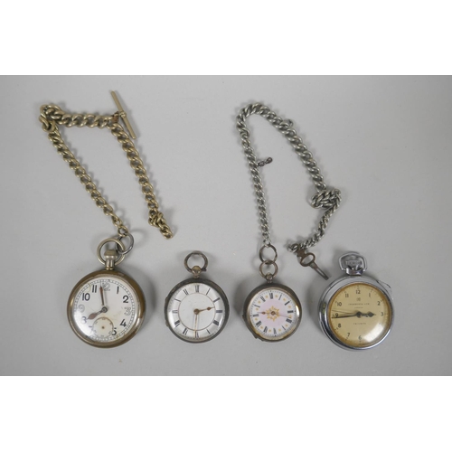 614 - Two silver cased pocket watches, a WWII British military pocket watch, and another